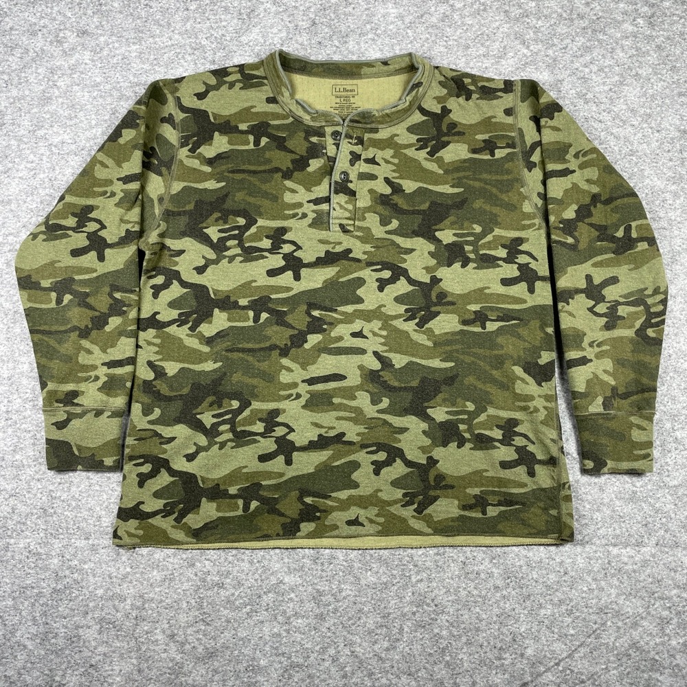 LL Bean Henley Mens L Green Camo Wool Blend Long Sleeve Traditional Fit 505754